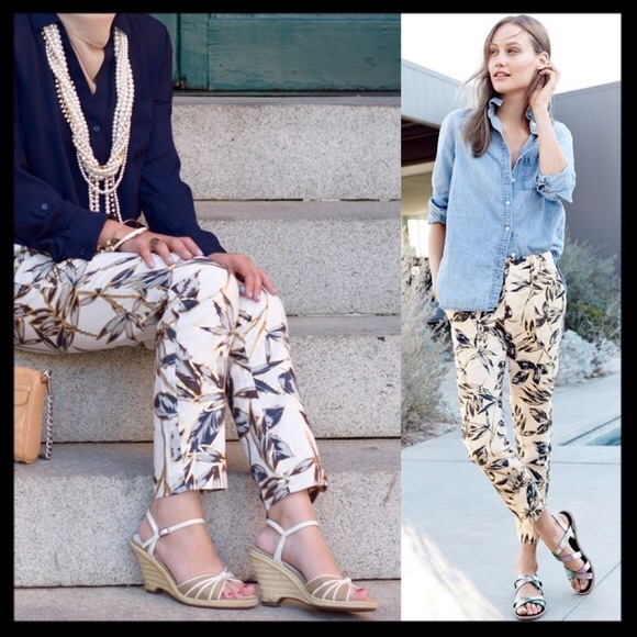 J. Crew Linen Garden Print Gold Foil Leaf Pants - Picture 2 of 8